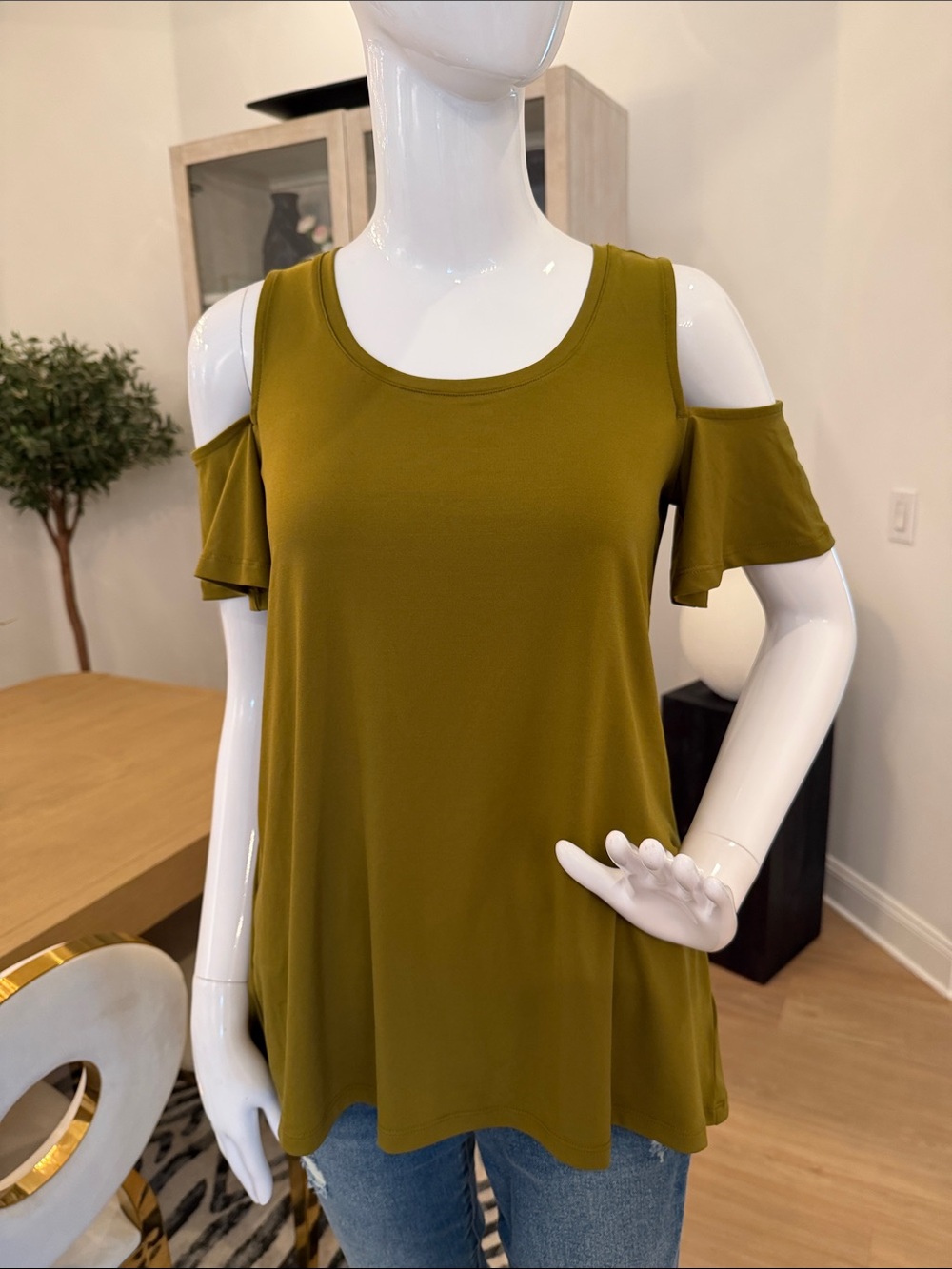 Cold-Shoulder Scoop Neck Top in Olive Green